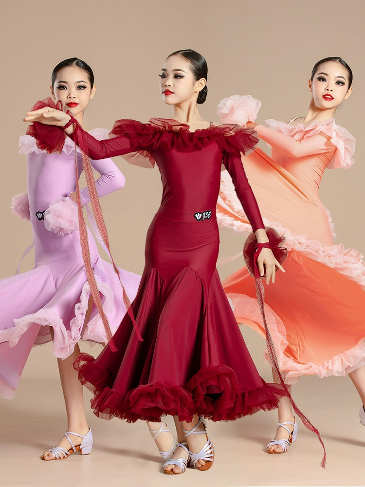 Modern ballroom dance dresses for girls kids waltz tango light purple orange wine professional competition clothing for children - Moderndancedress.com