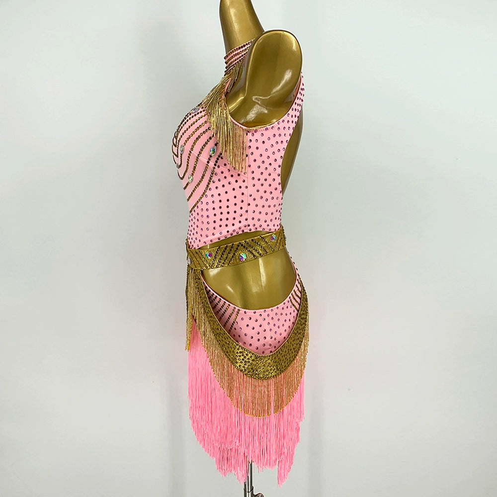 Custom Size Pink Competition Latin Dance Dresses for Women Girls Gold Fringe Salsa Rumba Chacha Latin Dance Costume - Moderndancedress.com