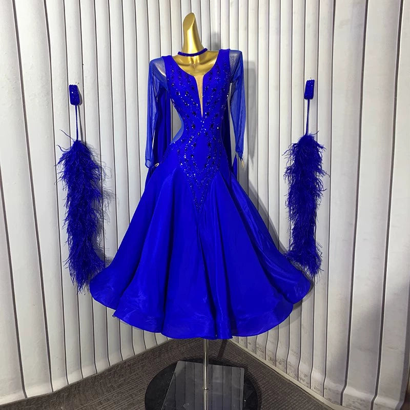 Custom Size Royal Blue Ballroom Dance Dresses for Women Rhinestones Tango Foxtrot  Waltz Modern Dance Long Gown
