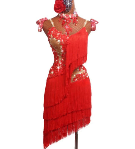 Women girls Red  Embroidered Lace Latin Dance dresses Tassels Competition samba chacha salsa Sparkling Diamond Dance Skirt - Moderndancedress.com