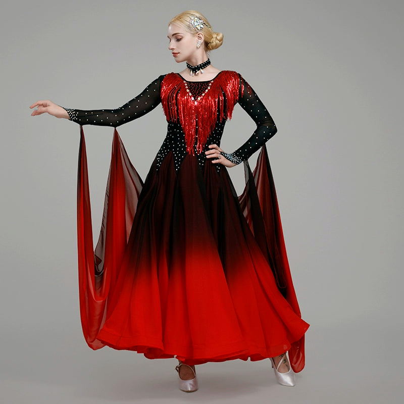 Gradient Red White Competition Ballroom Dance Dresses for Women Girls Waltz Tango Squin Fringe Modern Dance Skirt Party Dancing Gown - Moderndancedress.com