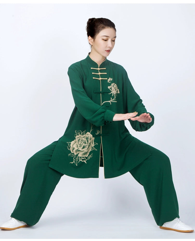 Dark Green Tai Chi Clothing for Women Chinese Kung Fu Uniforms Wushu Martial Art Performance Medium and Long Clothes - Moderndancedress.com