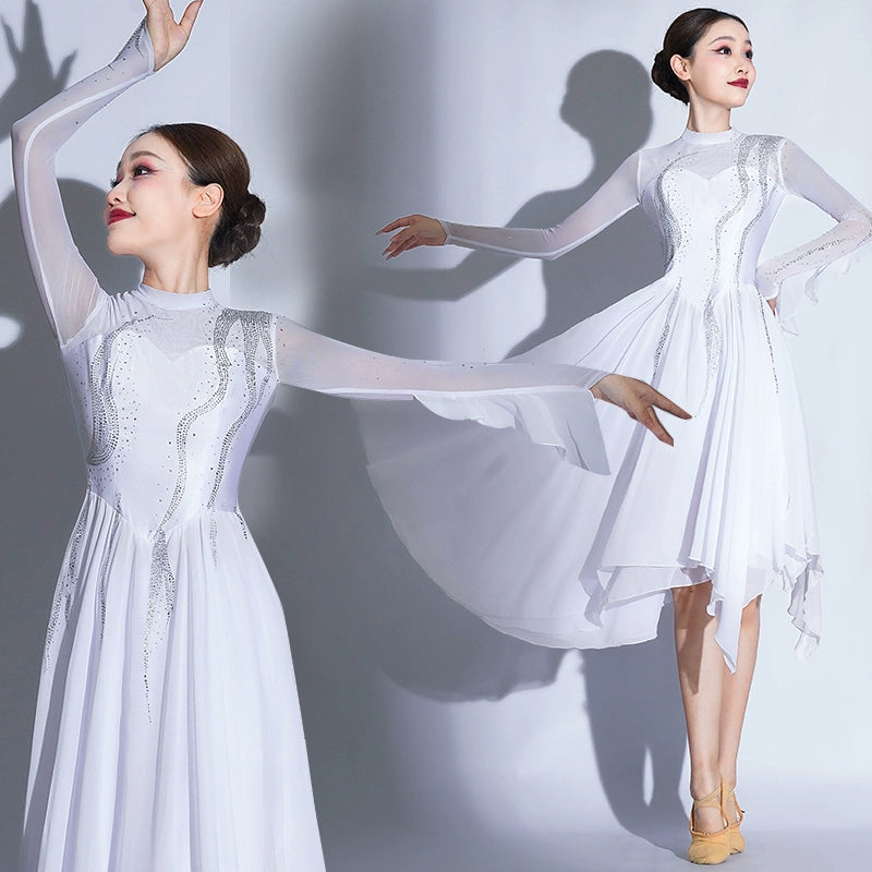 Modern Ballet Dance Dresses for Women Girls Elegant White Modern Ballet Dance Costumes Opening Dance Song Accompaniment Skirt –