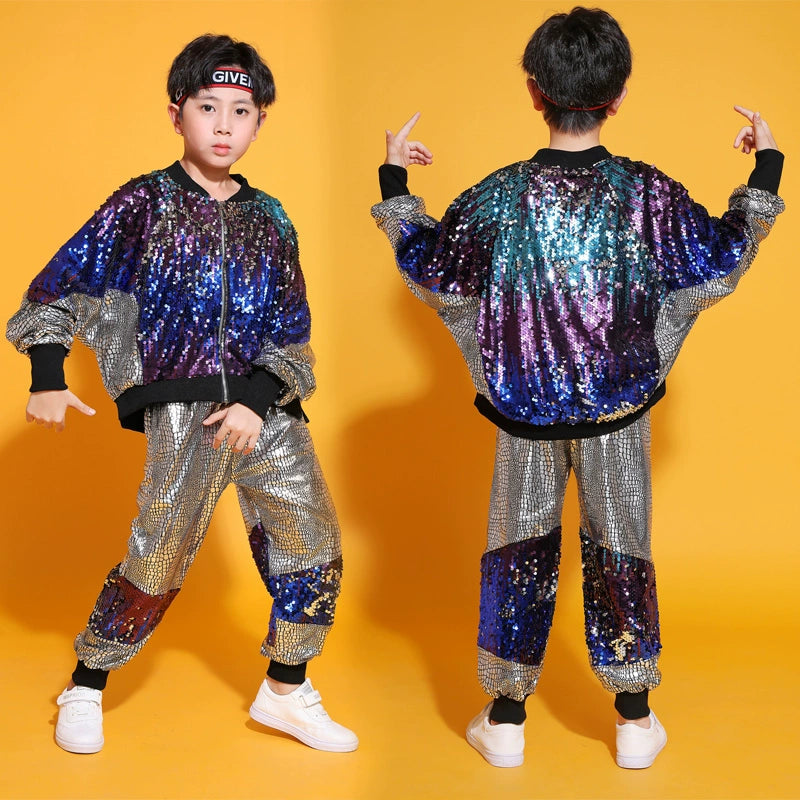Children's Hip Hop jazz street costumes for girls Boys gogo dancers rapper singers Sequins Drum performance outfits for kids - Moderndancedress.com