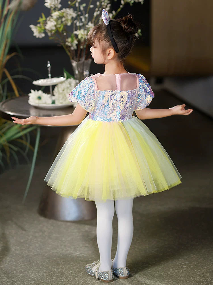 Children's yellow sequin tutu skirt jazz dance dresses boys girls school choir stage performance outfits kindergarten phtos shooting clothes - Moderndancedress.com