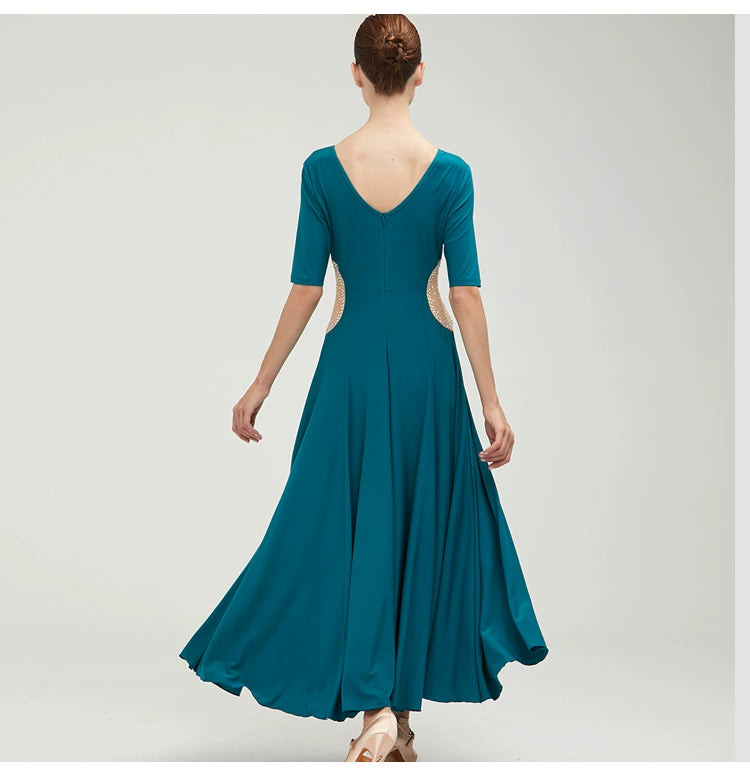 Wine blue competition ballroom dance dresses for women girls gemstones waltz tango Modern dance costume short-sleeved - Moderndancedress.com