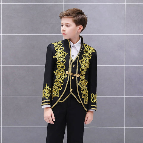 Boys Jazz Dance Costumes Children Golden Flower Loving Three-piece vest European Court Dress Prince Charming stage drama Costume - Moderndancedress.com