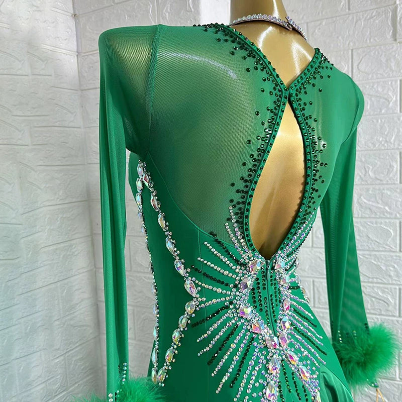 Custom Size Green Pearl Satin  Competition Ballroom Dance Dresses for Women Girls Waltz Tango Smooth Dance Long Gown - Moderndancedress.com