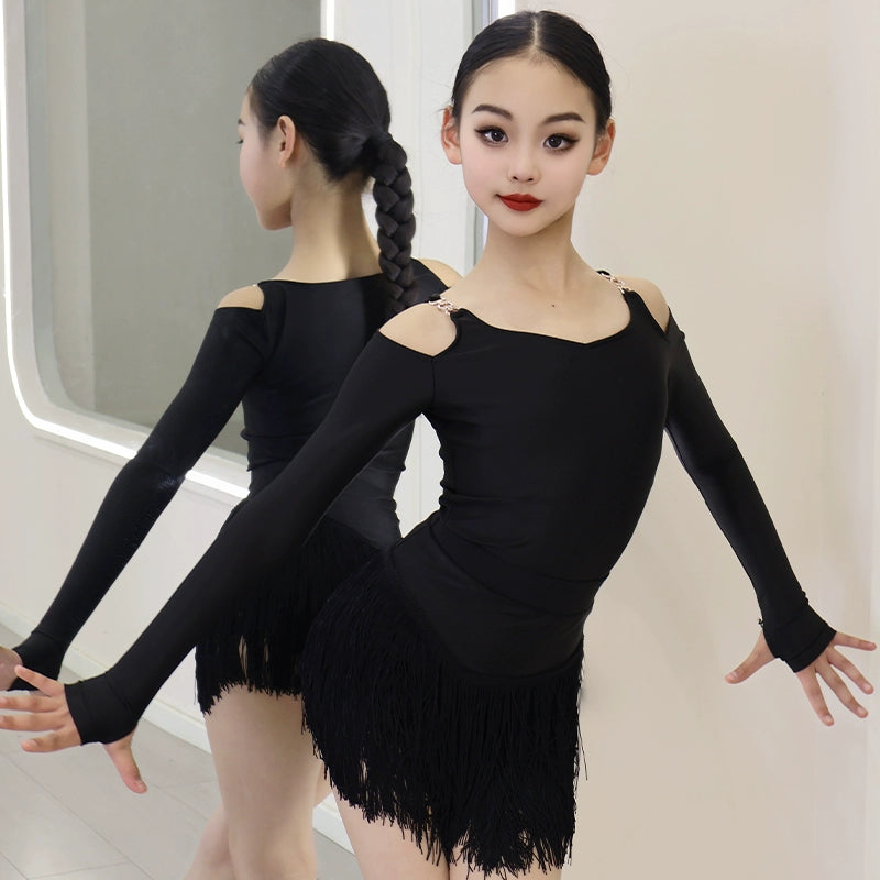 Girls Dark Green Fringe Latin Dance Dressesfor Kids Children Wine Black Hollow Shoulder Salsa Rumba Chacha Performance Clothes - Moderndancedress.com