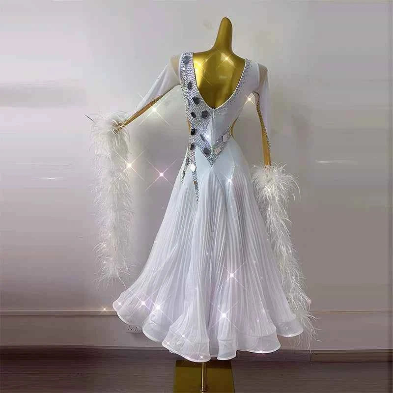Custom Size White Competition Ballroom Dance Dress Waltz Tango Feather Smooth Dance Gown