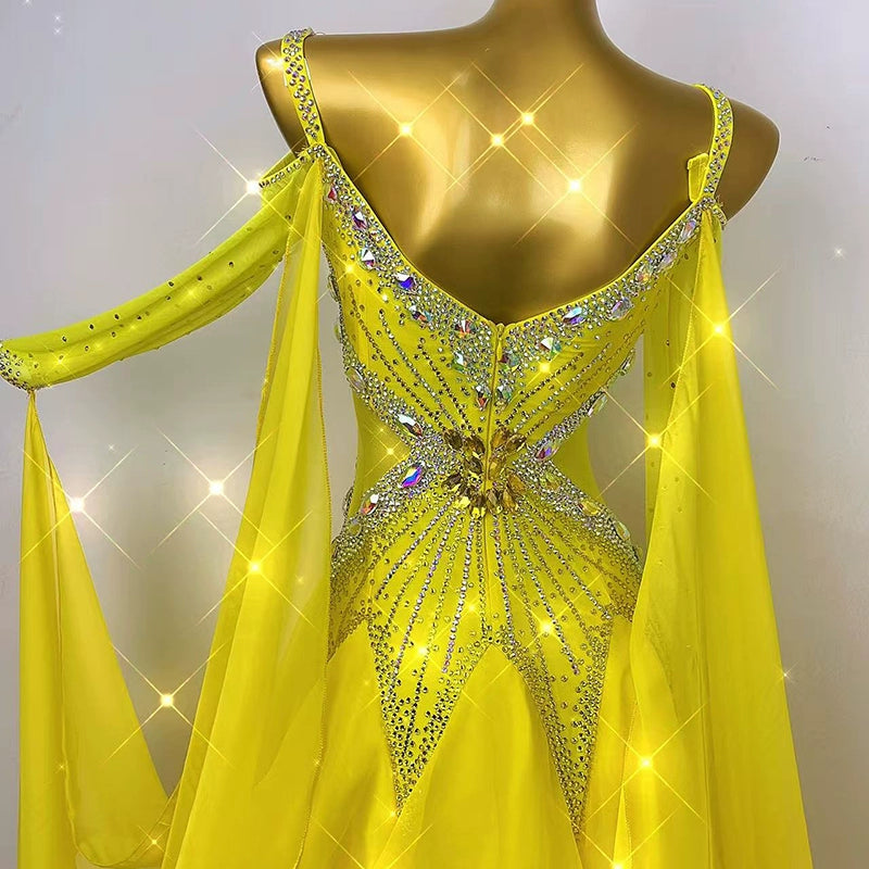 Custom Size Competition Ballroom Dance Dresses for Women Girls Yellow Waltz Tango Foxtrot Dance Long Gown - Moderndancedress.com