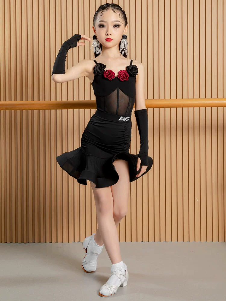 Black coffee flowers Latin dance dresses for girls kids children's latin salsa rumba chacha professional performance clothes - Moderndancedress.com