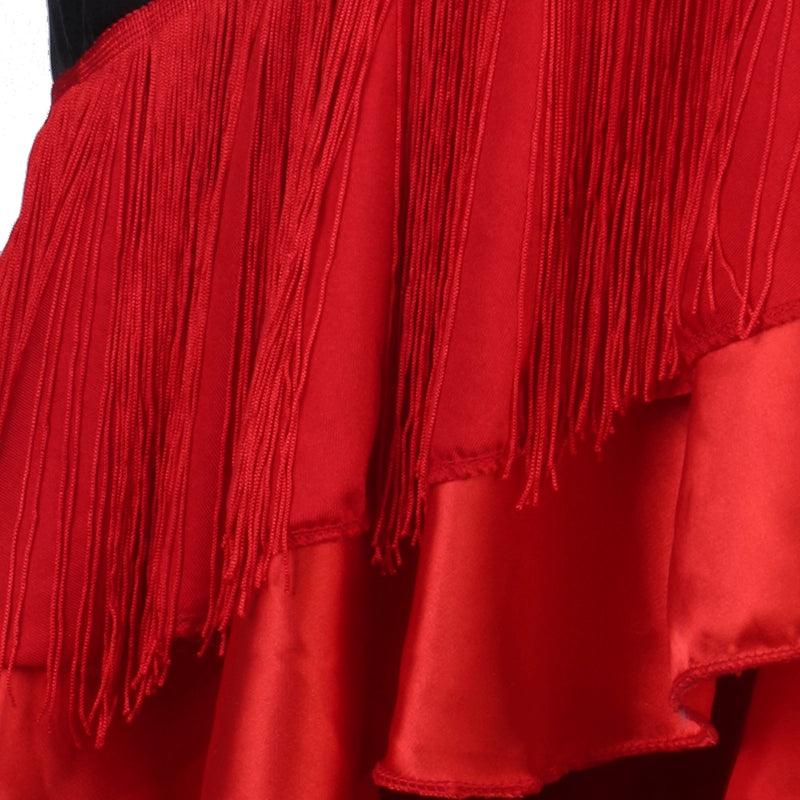 Professional Embroidered Flowers Red Blue Fringe Latin Dance Dress for Women Girls Red Turquoise Ruffles Neck Salsa Rumba Chacha Samba Dance Skirt - Moderndancedress.com