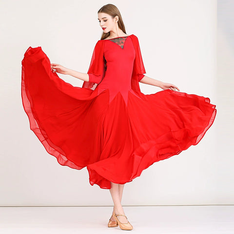 Women Green red ballroom dance dresses Ice silk flowing chiffon national standard waltz tango dance practice suit - Moderndancedress.com