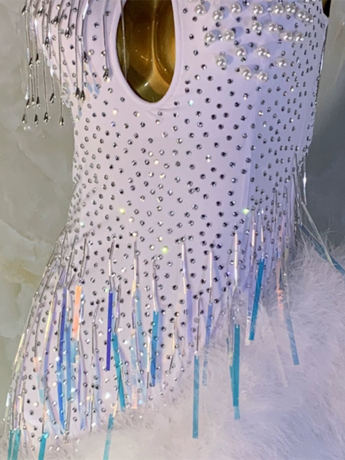 Customized size white Latin dance competition dresses for girls women bling tassesl feather professional salsa latin performance wear - Moderndancedress.com