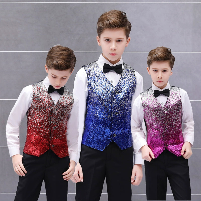 Boys Jazz Dance Costumes Colorful gradient sequins waistcoat boy stage presenter recitation performance horse clip children walk show suit - Moderndancedress.com