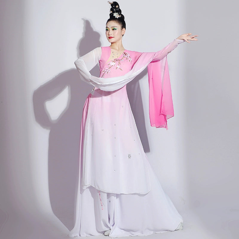 Pink gradient Chinese folk Classical dance costumes for women girls water sleeves jinghong art test dance hanfu fairy dress - Moderndancedress.com