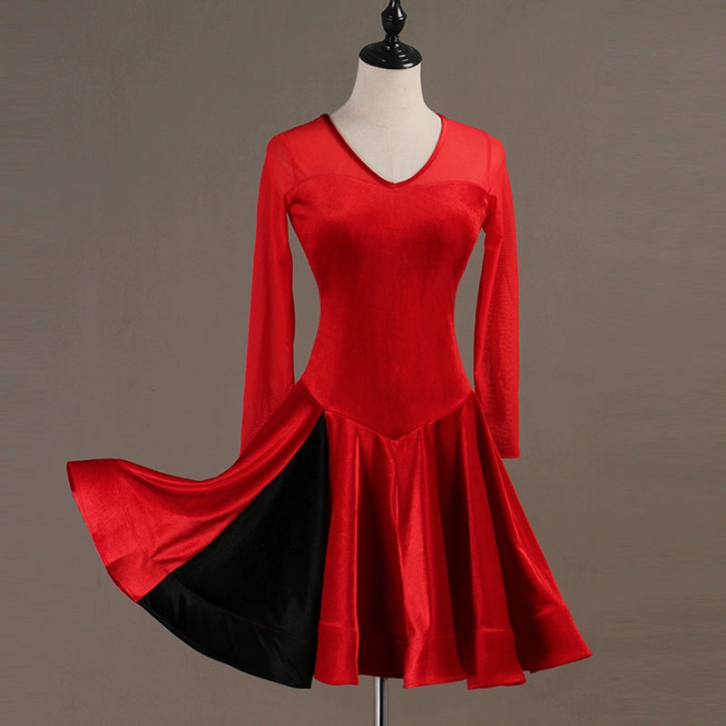 Latin Dance Dresses Women's Performance Spandex Georgette Appliques Crystals / Rhinestones Long Sleeves High Dress - Moderndancedress.com