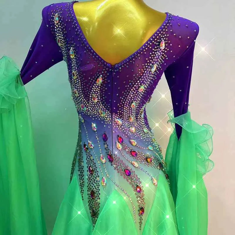 Custom Size Violet Green Gradient Ballroom Dance Dress for Women Waltz Tango Dance Swing Skirts