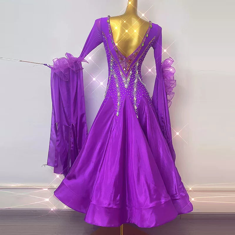 Custom Purple Ballroom Dance Competition Dress with Crystals Waltz Smooth Dance Gown