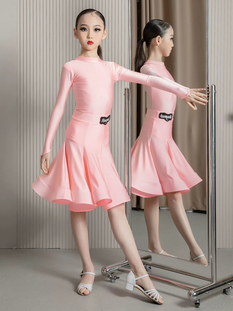 Children's blue pink Latin Dance Costume High Neck Long Sleeve Ultra-Thin Velvet latin ballroom salsa dance dresses for Exam Competition - Moderndancedress.com