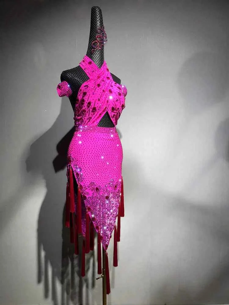 Custom Hot Pink Latin Dance Dress with Rhinestones & Fringe Blue Ballroom Competition Outfit