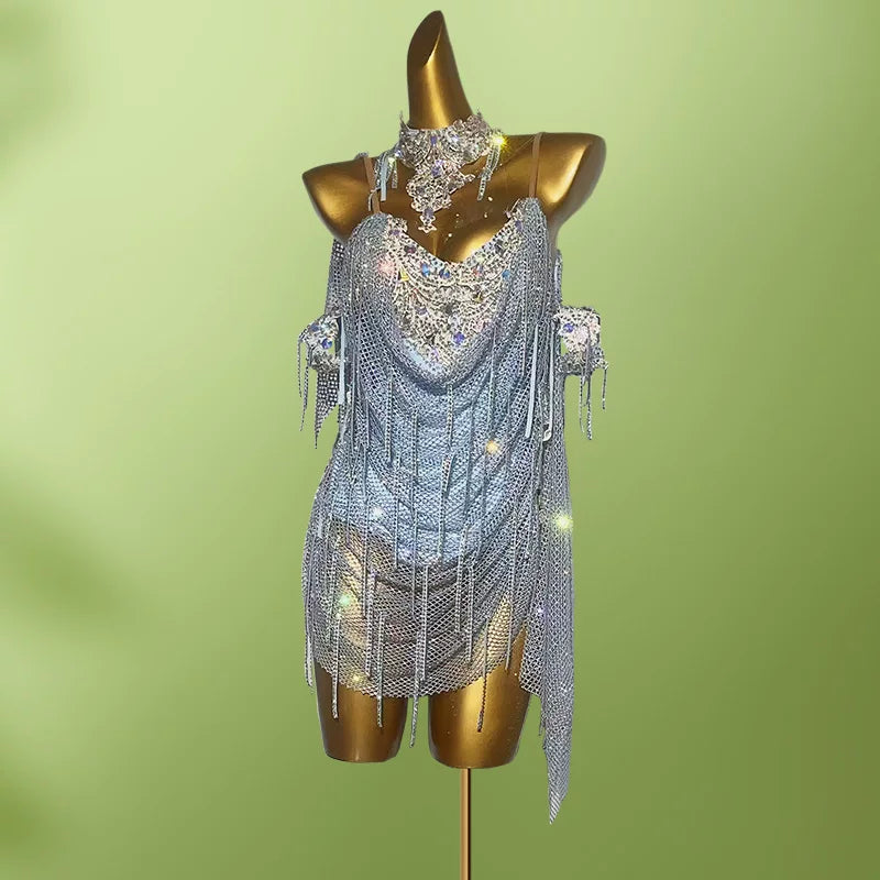 Custom Size Light Blue Rhinestone Mesh Latin Dress - Silver Fringe Dancewear