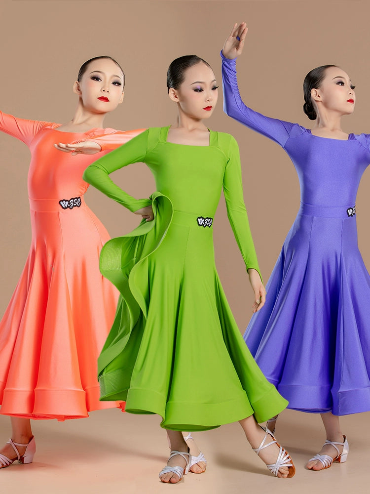 Modern ballroom dance dresses for girls kids orange green waltz tango regulation latin ballroom standard dance clothes Large skirt - Moderndancedress.com