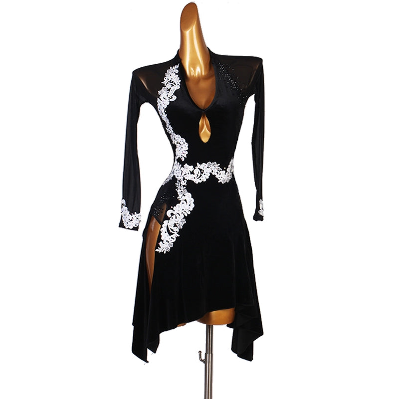 Black Dark Green Red Velvet Rhinestones Latin Dance Dresses for Women Girls Competition Side Slit Latin Salsa Rumba Chacha Jive Cha Cha Dance Costume - Moderndancedress.com