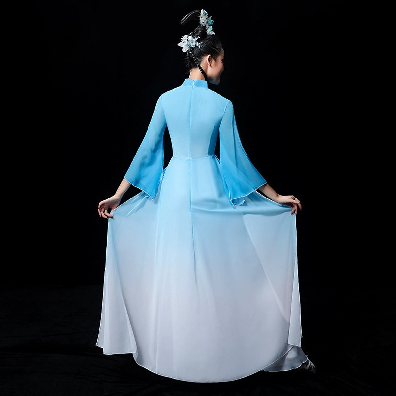 Chinese Folk Dance Costume Chinese Fan Umbrella Dance Modern Dance Costume Long Skirt Fairy Adult - Moderndancedress.com