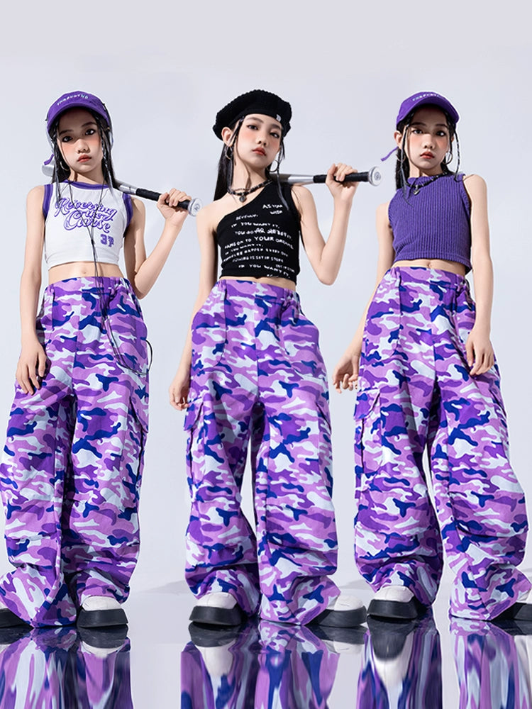 Girls Purple Camo One Shoulder Jazz Dance Costume Street Hip Hop Performance Outfits for Kids Children Gogo Dancers Stage Dance Outfits - Moderndancedress.com