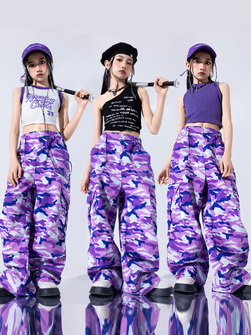 Girls Purple Camo One Shoulder Jazz Dance Costume Street Hip Hop Performance Outfits for Kids Children Gogo Dancers Stage Dance Outfits - Moderndancedress.com
