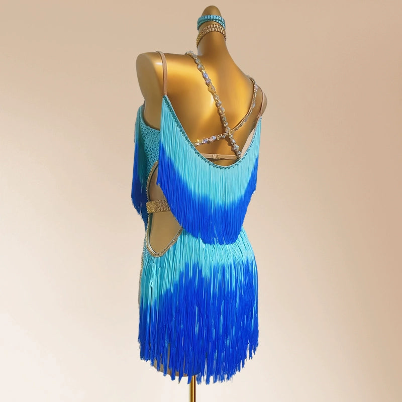 Custom Size Blue Gold Gradient Bling Fringe Competition Latin Dance Dresses for Women Girls Kids Salsa Rumba Chacha Performance Skirts