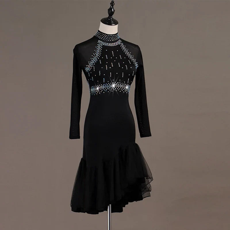 Latin Dance Dresses professional high-end drill-inlaid Rumba three-step performance clothes Rhinestones Long Sleev Dress