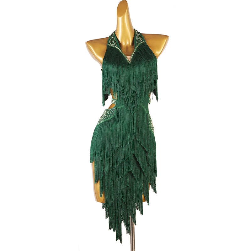 Latin Dance Competition Dresses for Women Girls Navy Yellow Blue Red Purple Dark Green Diamond Haler Neck Latin Salsa Rumba Chacha Dance Costumes - Moderndancedress.com