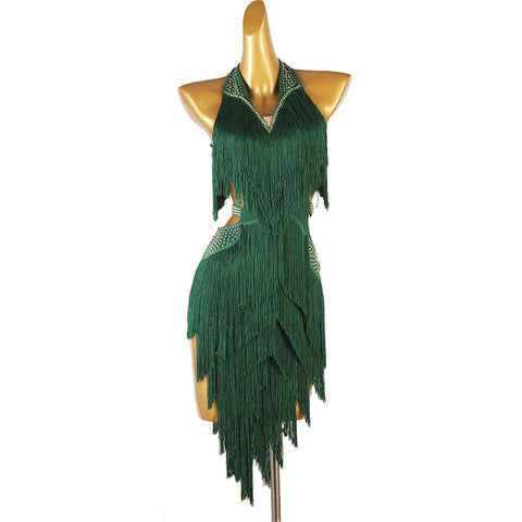 Latin Dance Competition Dresses for Women Girls Navy Yellow Blue Red Purple Dark Green Diamond Haler Neck Latin Salsa Rumba Chacha Dance Costumes - Moderndancedress.com