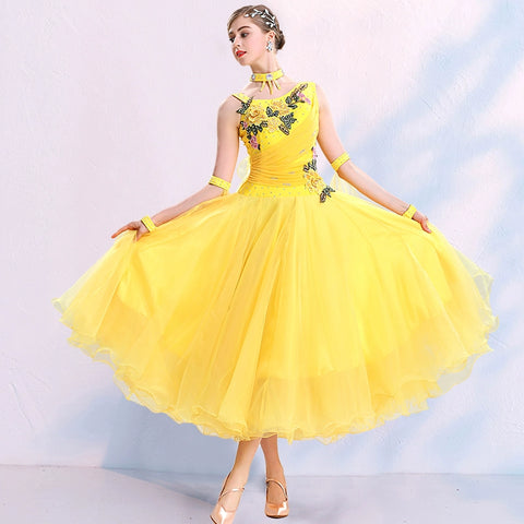Modern ballroom competition dance dresses for women girls pink blue yellow big swing skirt national tango foxtrot waltz performance clothes - Moderndancedress.com