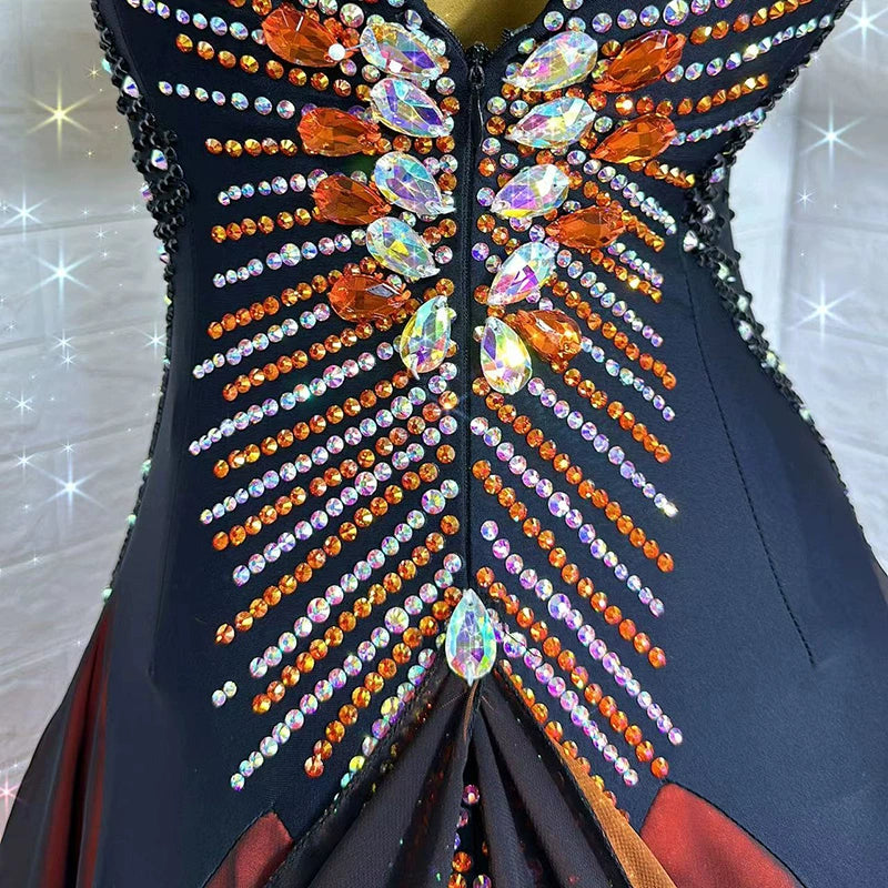 Custom Size Orange Competition Ballroom Dance Dresses for Women Diamond Waltz Tango Rhythm Performance Long Gown