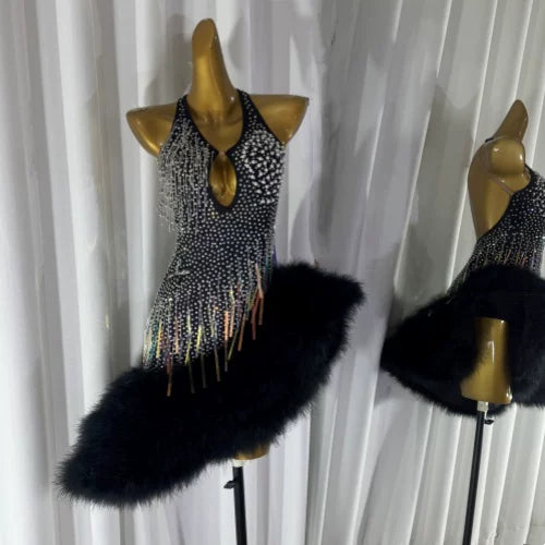 Custom Size Black Feather Competition Latin Dance Dress for Women Salsa Blackpool Dance Costume