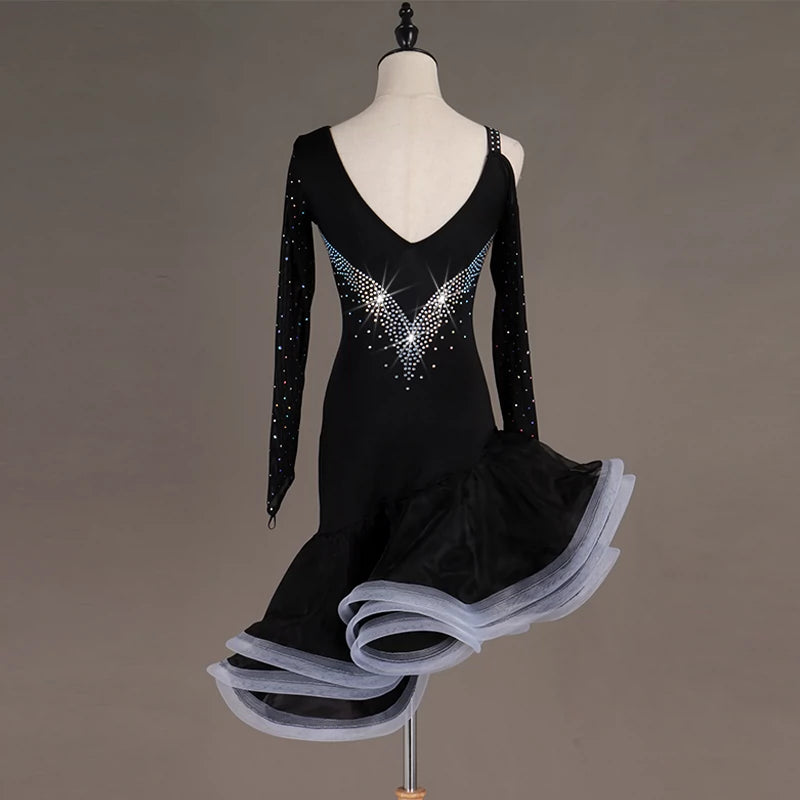 Latin Dance Dresses Mesh Long Sleeve Dance  Performing Dresses Rhinestones Long Sleev Dress - Moderndancedress.com