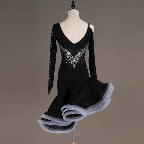 Latin Dance Dresses Mesh Long Sleeve Dance  Performing Dresses Rhinestones Long Sleev Dress - 