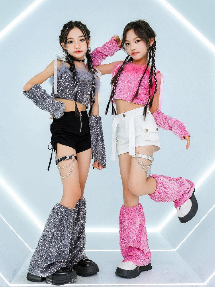 Girls Jazz Dancing Costumes Pink Silver Sequin Glitter Model Catwalk Performance Clothing Rapper Singer Group Dance Outfits for Kids - Moderndancedress.com