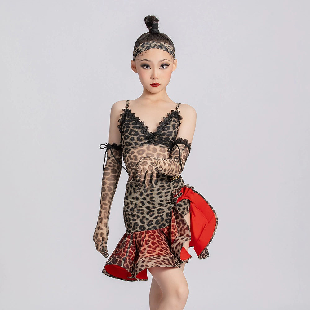Red leopard competition ballroom Latin dance dresses for kids girls latin salsa rumba chacha dance practice sling skirt for children - Moderndancedress.com
