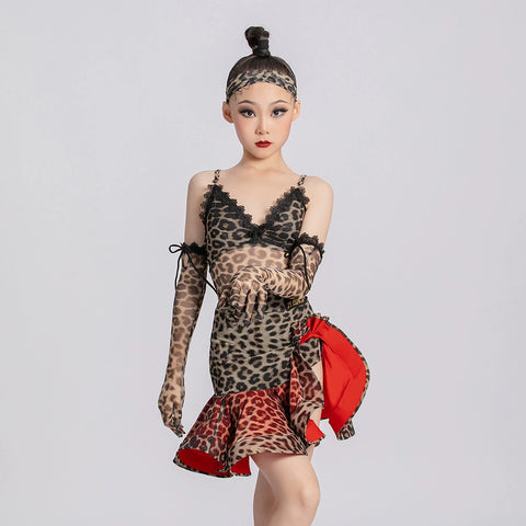 Red leopard competition ballroom Latin dance dresses for kids girls latin salsa rumba chacha dance practice sling skirt for children - Moderndancedress.com