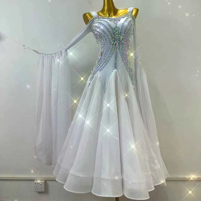 Custom Size Diamond White Competition Ballroom Dance Dresses for Women Girla Waltz Tango Performance Long Gown