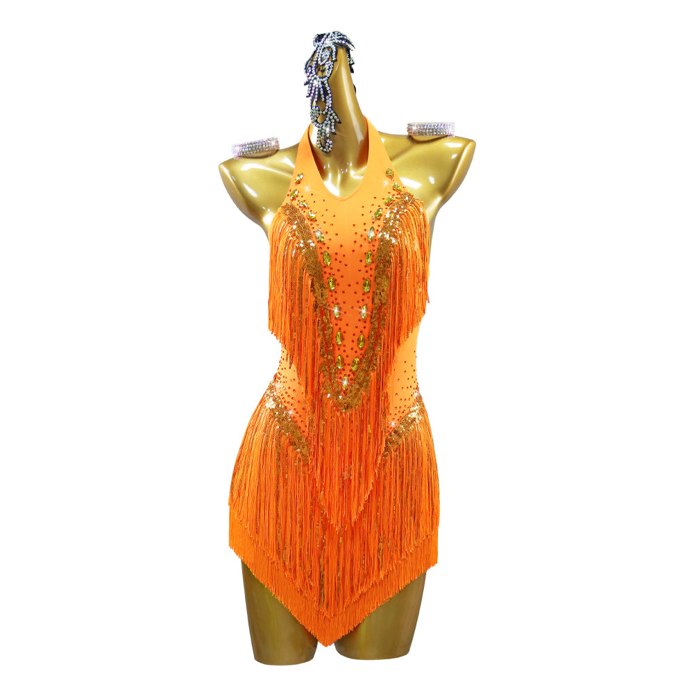Orange Fringe Stone Latin Dance Dresses for Women Girls Salsa Rumba Chacha Competition Performance Costumes - Moderndancedress.com