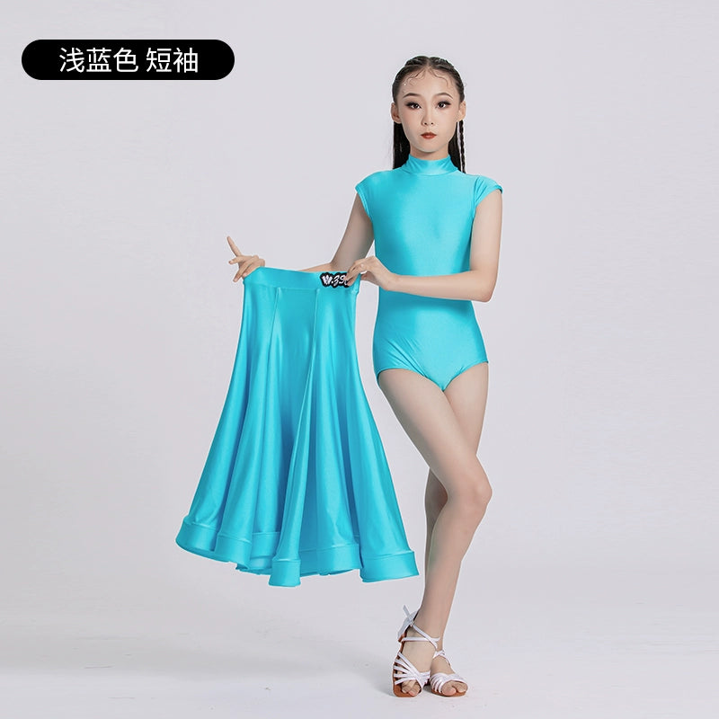 Blue Red Ballroom Dance Dresses for Girls Kids Long-sleeved  Latin Tango Waltz Juvenile Performance Long Gown Art Test Performance Skirts - Moderndancedress.com