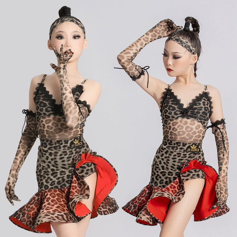 Red leopard competition ballroom Latin dance dresses for kids girls latin salsa rumba chacha dance practice sling skirt for children - Moderndancedress.com