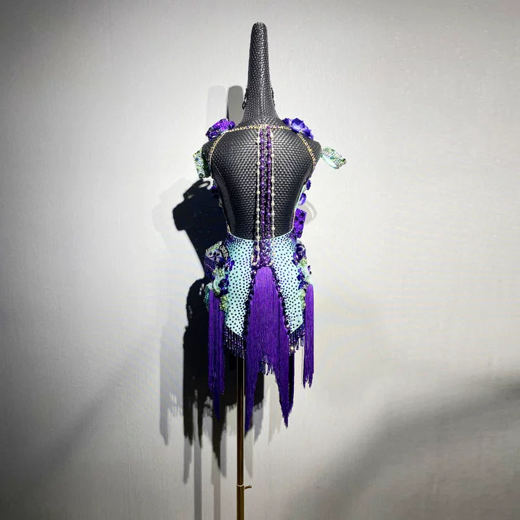 Custom 3D Floral Latin Dance Dress | Purple &Mint Professional Ballroom Competition Outfit