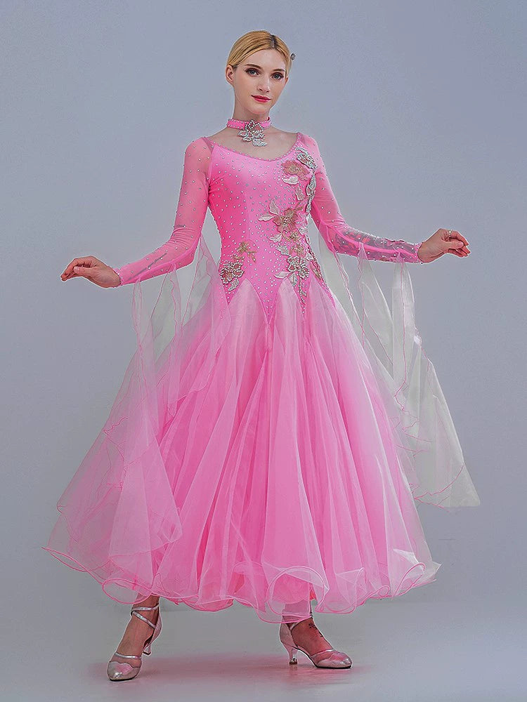 Modem ballroom dance dresses for women girls pink diamond ballroom dancing competition gown waltz tango foxtrot dancing skirt - Moderndancedress.com